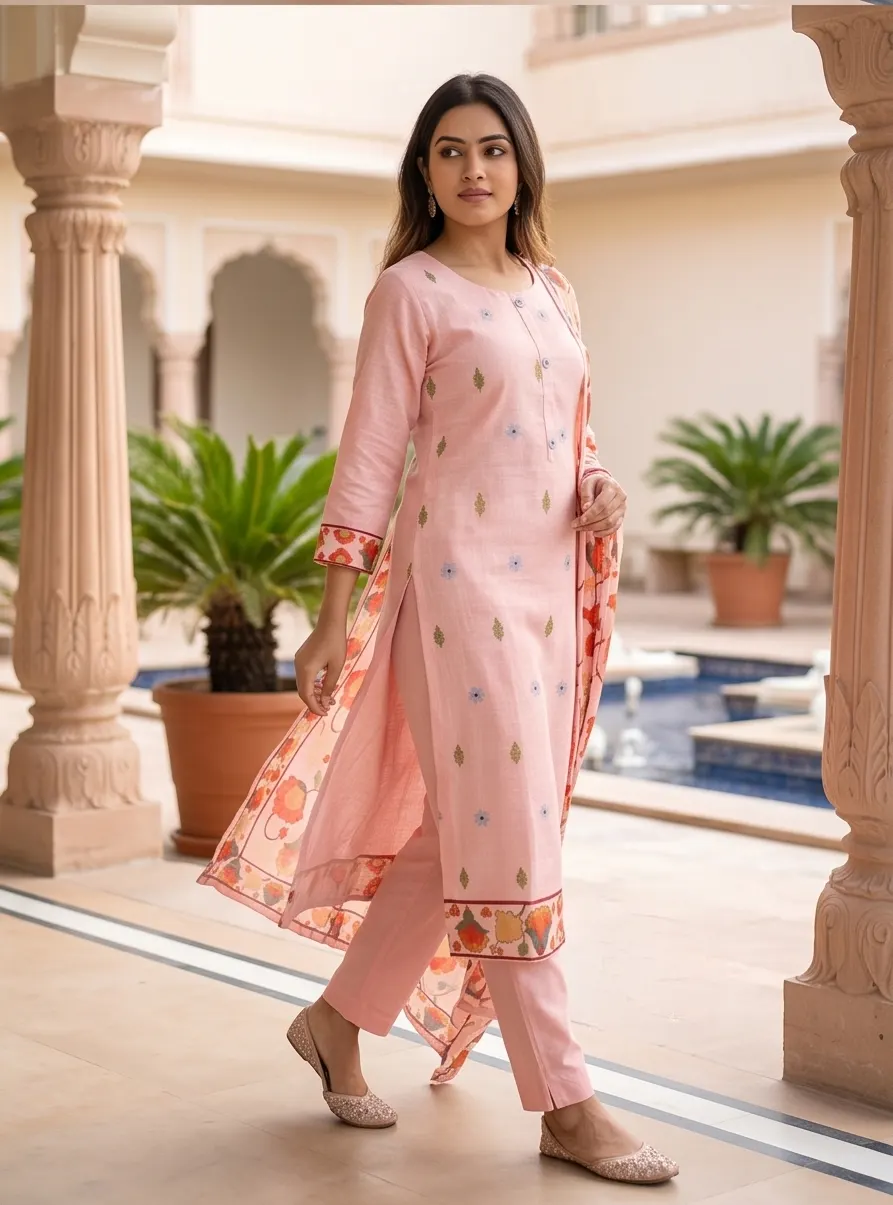Peach Pink Floral Printed Cotton Straight Kurta Pant Set with Dupatta