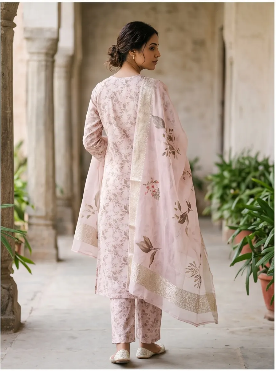 Blush Pink Floral Printed Zari Embroidered Chanderi Silk Straight Kurta Pant Set with Dupatta