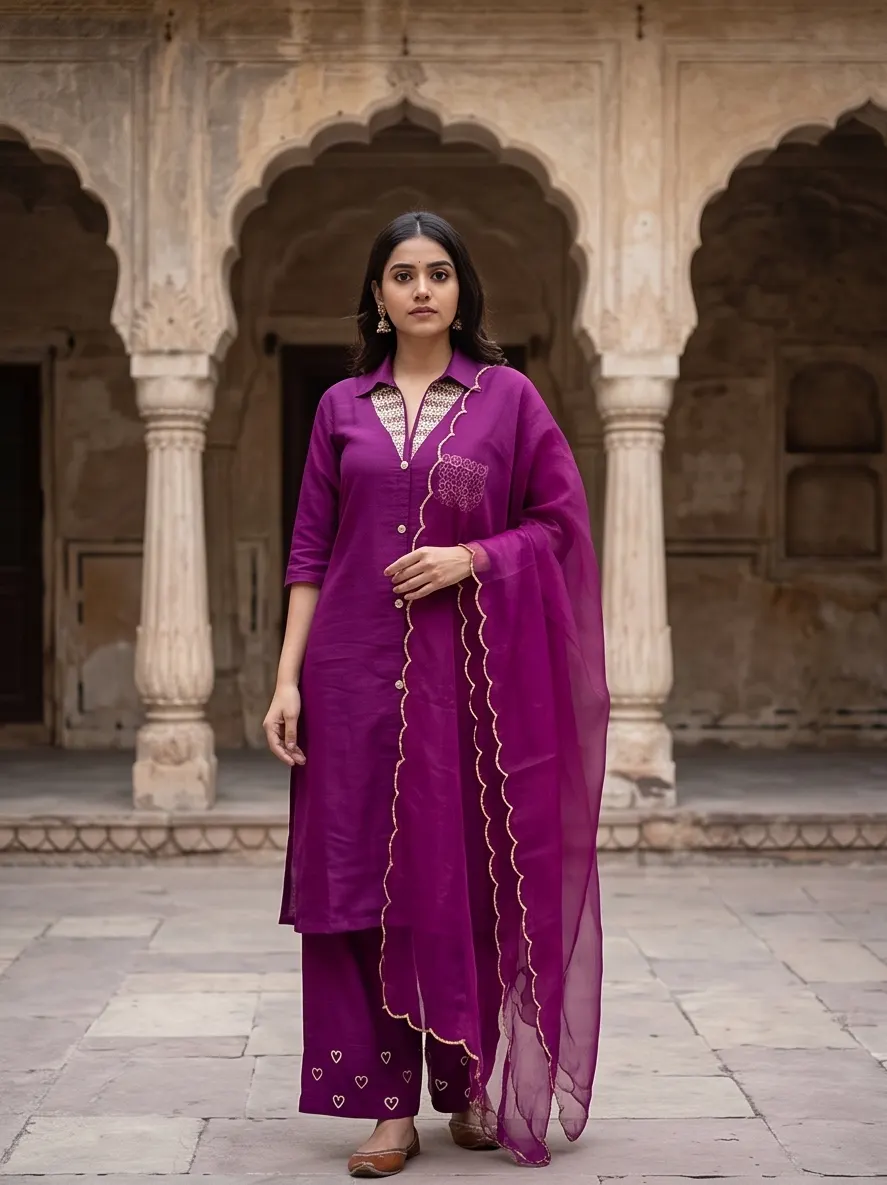 Magenta Purple Embroidered Silk Collar Neck Kurta Pant Set with Scalloped Dupatta