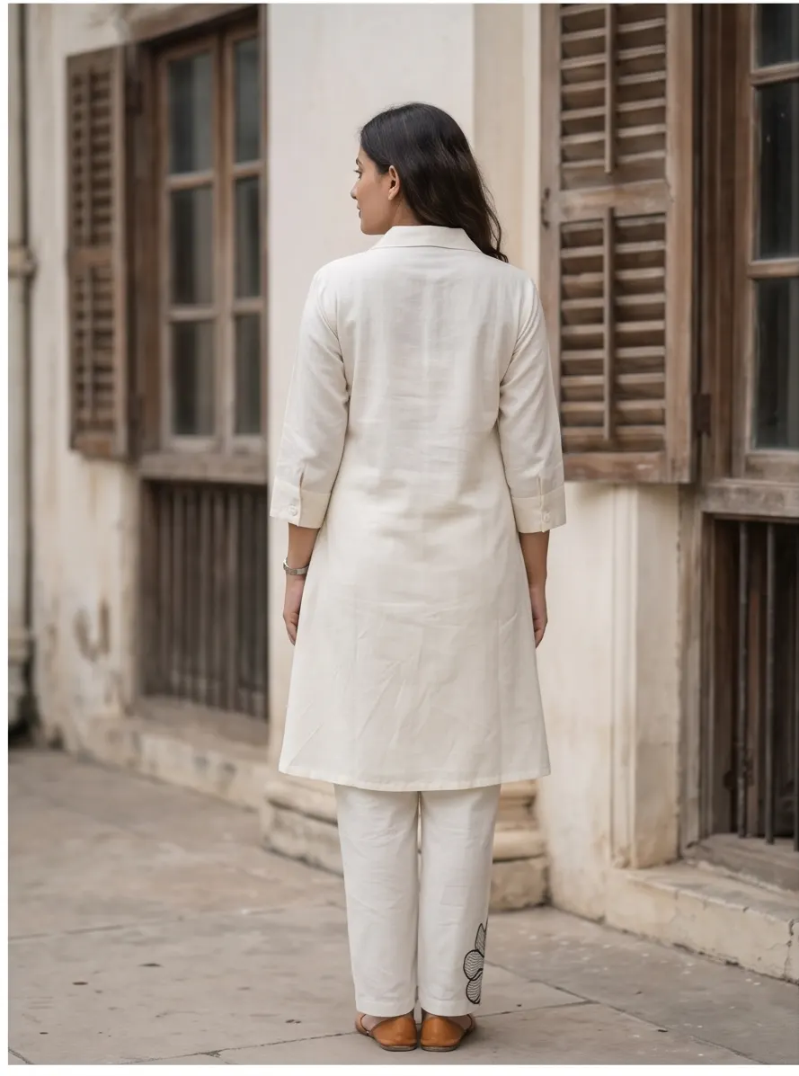 Off-White and Navy Blue Floral Appliqué Cotton Lapel Collar Tunic and Pant Co-ord Set