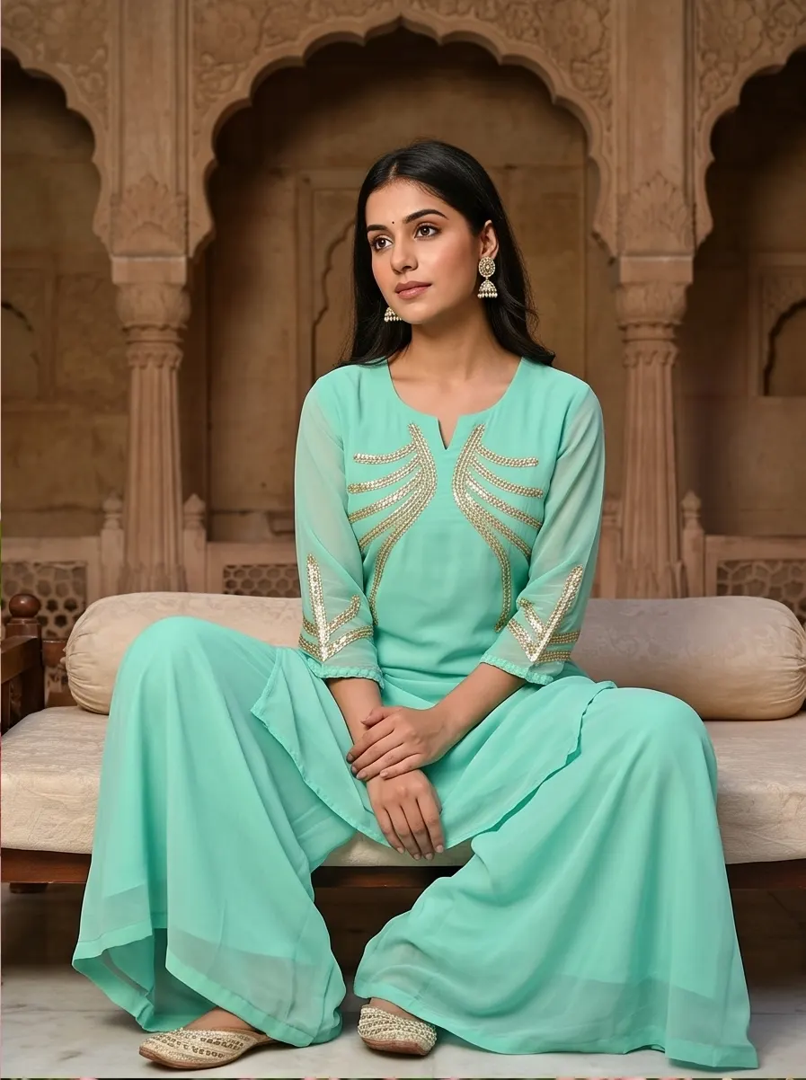 Sea Green Gota Patti Embroidered Straight Kurta and Flared Palazzo Set