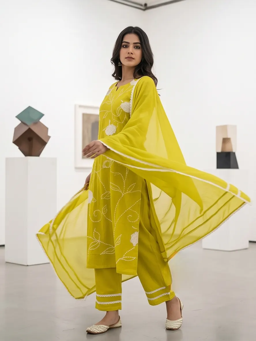 Yellow Floral Embroidered Pure Cotton Straight Kurta Pant Set with Lace Border Dupatta