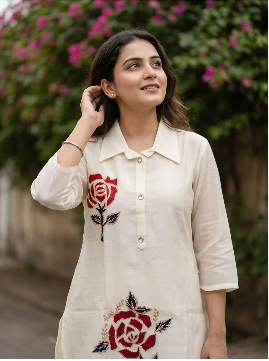 Off-White and Red Floral Appliqué Cotton Shirt Collar Tunic and Pant Co-ord Set