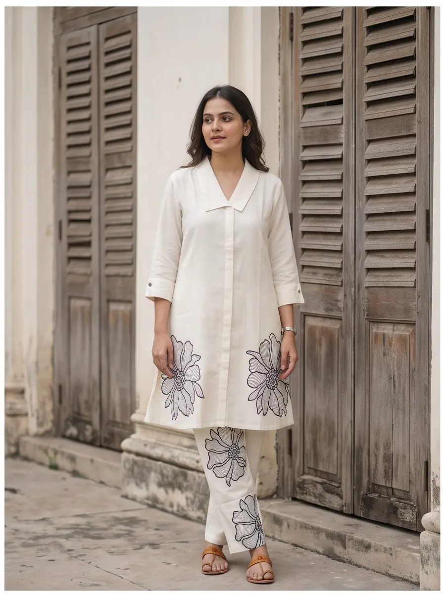 Off-White and Navy Blue Floral Appliqué Cotton Lapel Collar Tunic and Pant Co-ord Set
