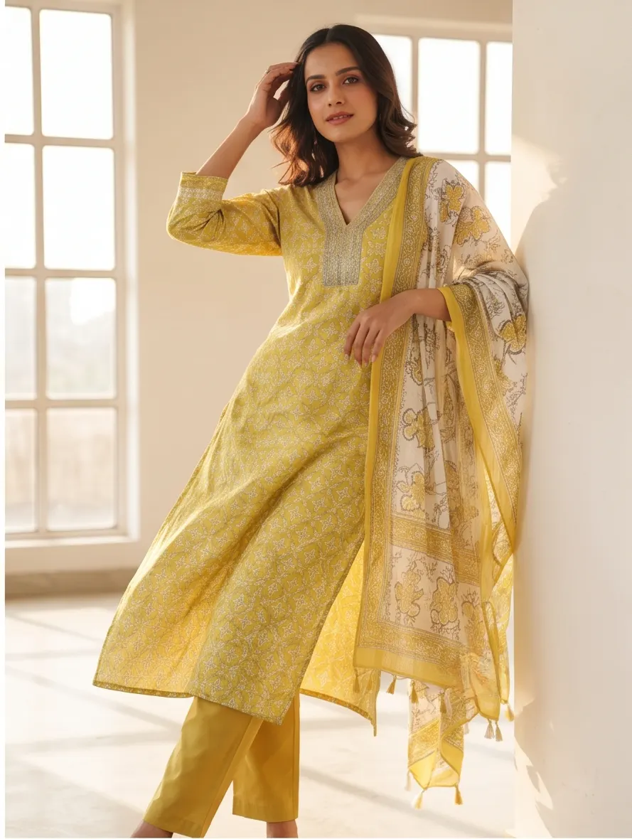 Mustard Yellow Block Print Zari Embroidered V-Neck kota doriya Straight Kurta Pant Set with Tasselled Dupatta