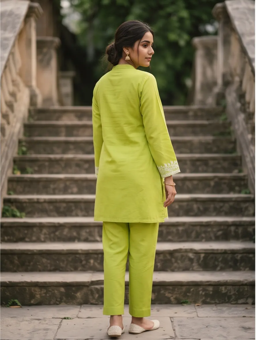 Lime Green Paisley Thread Embroidered Cotton Short Kurta and Pant Co-ord Set