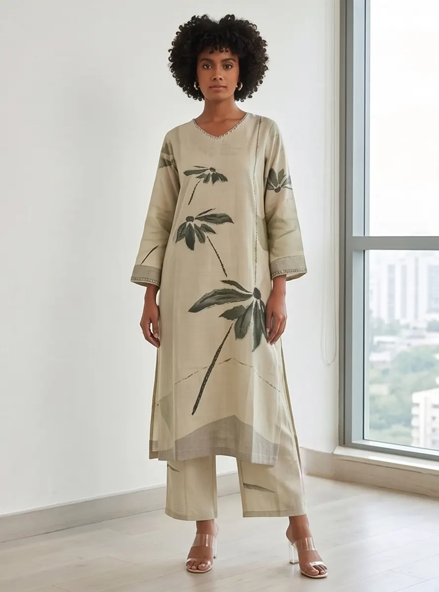 Beige Tropical Palm Tree Print Silk Straight Kurta Pant Set with Dupatta