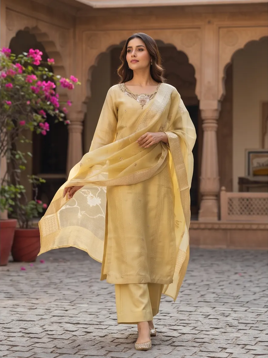 Golden Yellow Yoke Zari Embroidered Chanderi Silk Straight Kurta Pant Set with Organza Dupatta