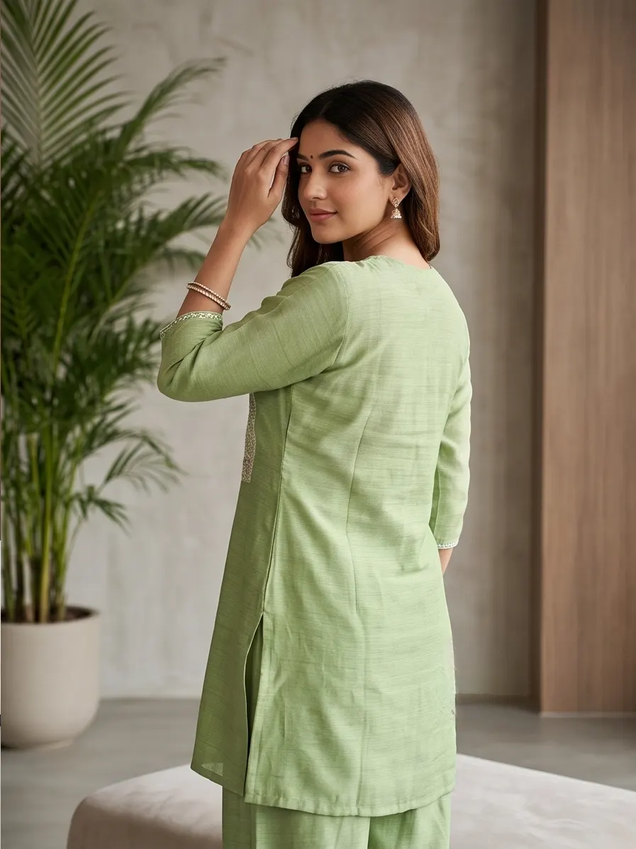 Pistachio Green Floral Thread Embroidered Silk Blend Tunic and Pant Co-ord Set