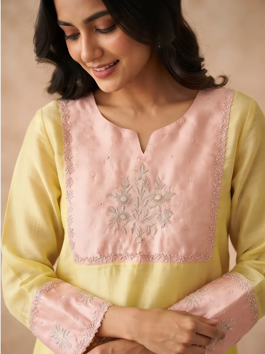 Yellow and Pastel Pink Yoke Zari Embroidered Chanderi Silk Straight Kurta Pant Set with Dupatta