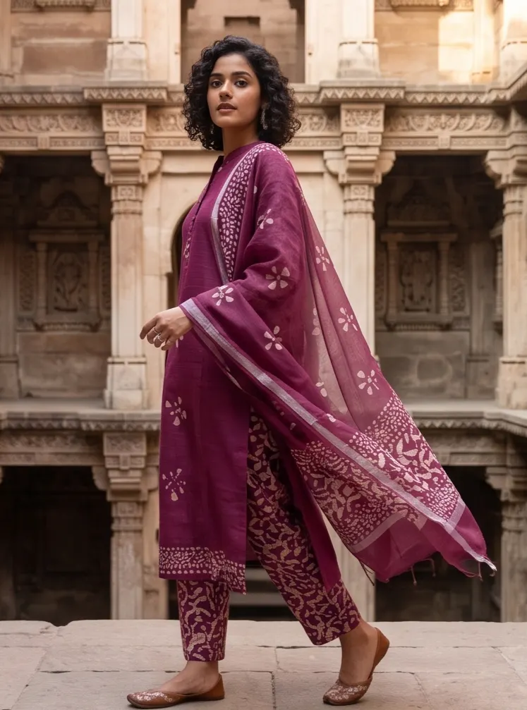 Plum Purple Batik Print Pure Cotton Straight Kurta Pant Set with Dupatta