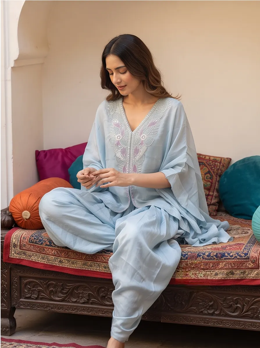 Sky Blue V-Neck Thread Embroidered Georgette Kaftan Tunic and Dhoti Pant Set