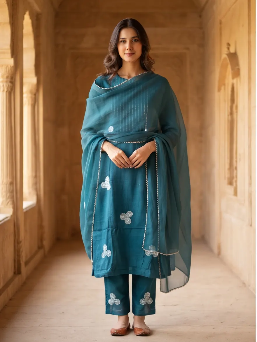 Teal Blue Floral Appliqué Zari Embroidered Chanderi Silk Straight Kurta Pant Set with Organza Dupatta