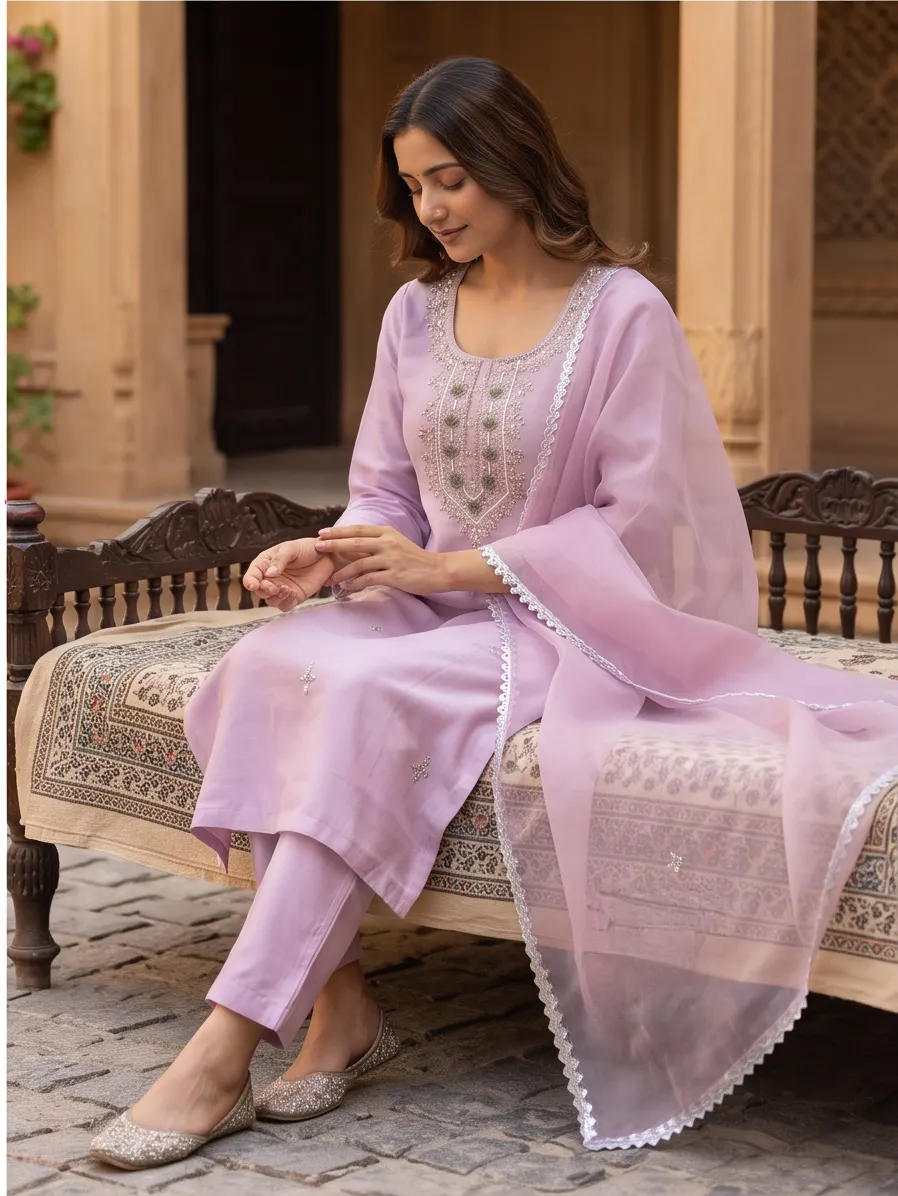 Lavender Yoke Zari Embroidered Chanderi Silk Straight Kurta Pant Set with Scalloped Organza Dupatta