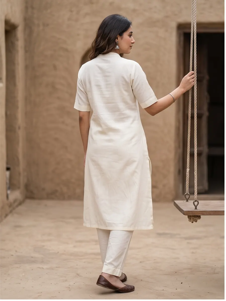 Off-White and Multicolour Floral Embroidered Cotton Mandarin Collar Straight Kurta and Pant Set with Dupatta