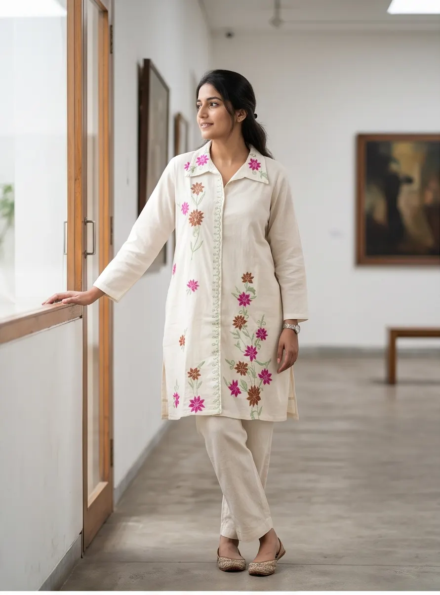 Off-White Multicolour Floral Embroidered Cotton Notch Collar Tunic and Pant Co-ord Set