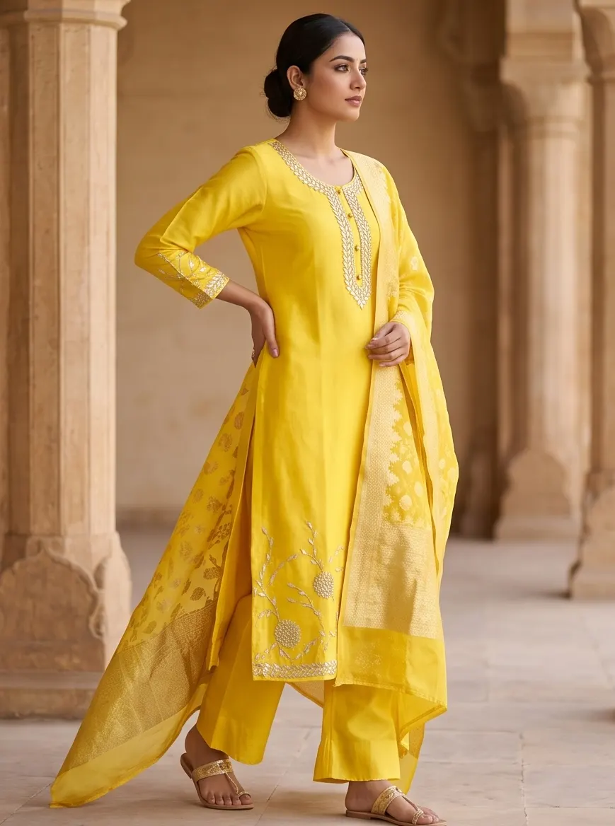 Bright Yellow Zari Embroidered Silk Straight Kurta Pant Set with Banarasi Dupatta