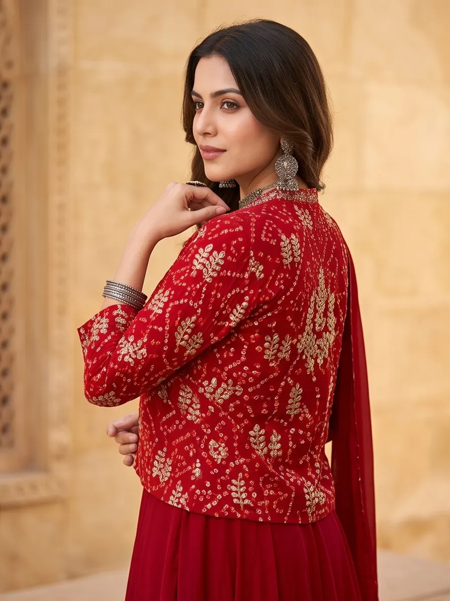 Maroon Bandhani Print Zari Embroidered Jacket Crop Top and Skirt Set with Dupatta