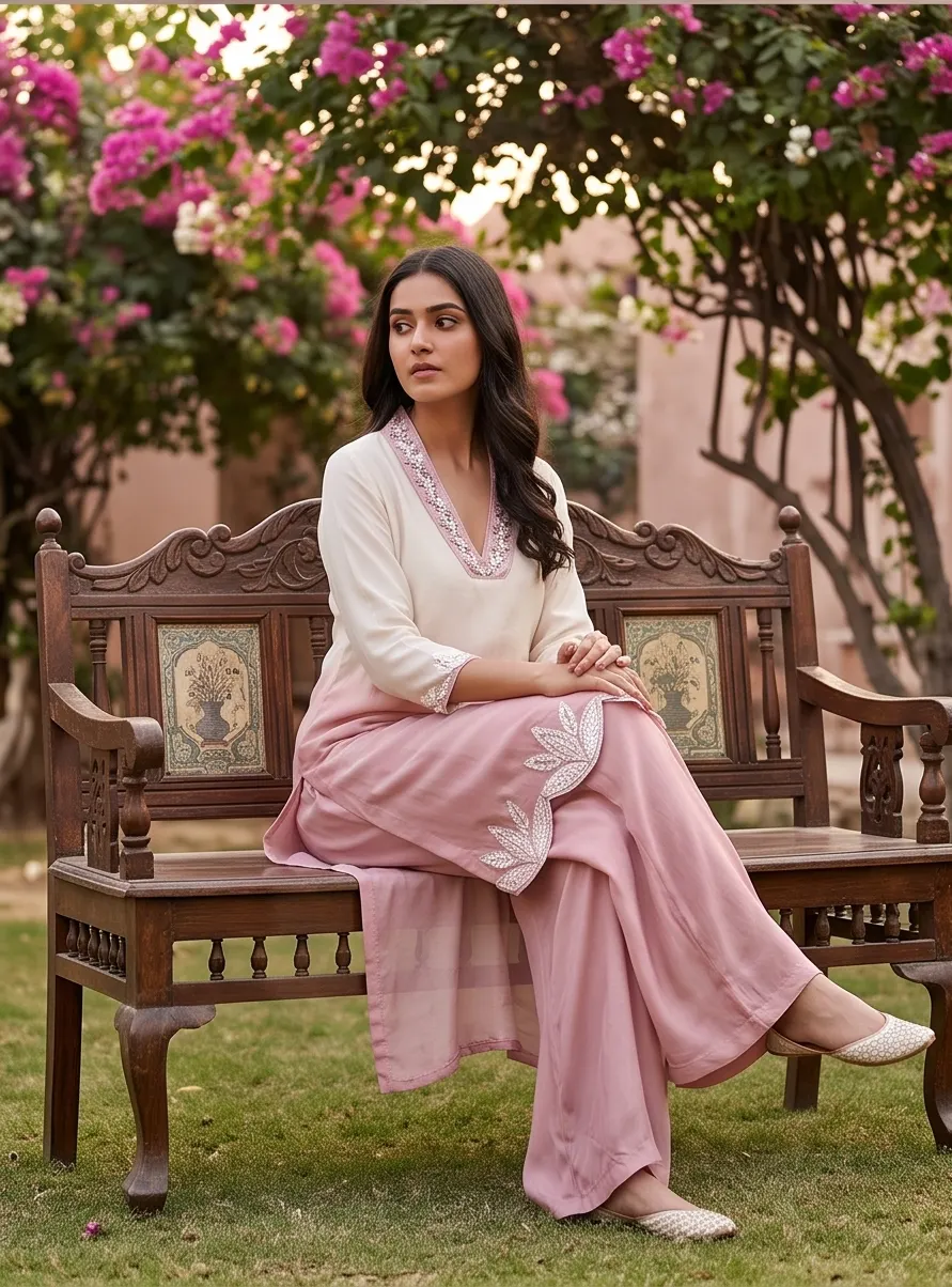 Dusty Pink and White Ombre Embroidered Silk Straight Kurta Palazzo Set