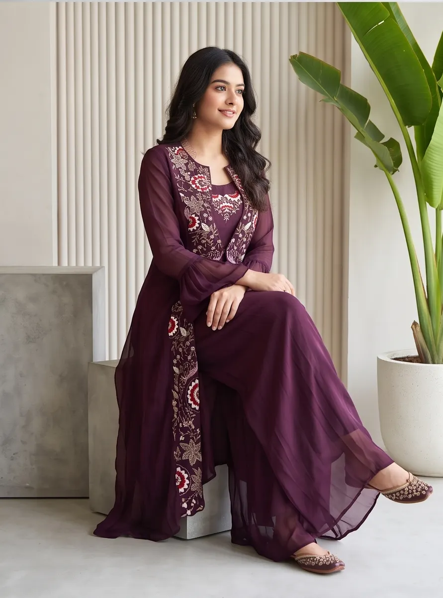 Wine Floral Embroidered Georgette Long Jacket Crop Top and Flared Palazzo Co-ord Set