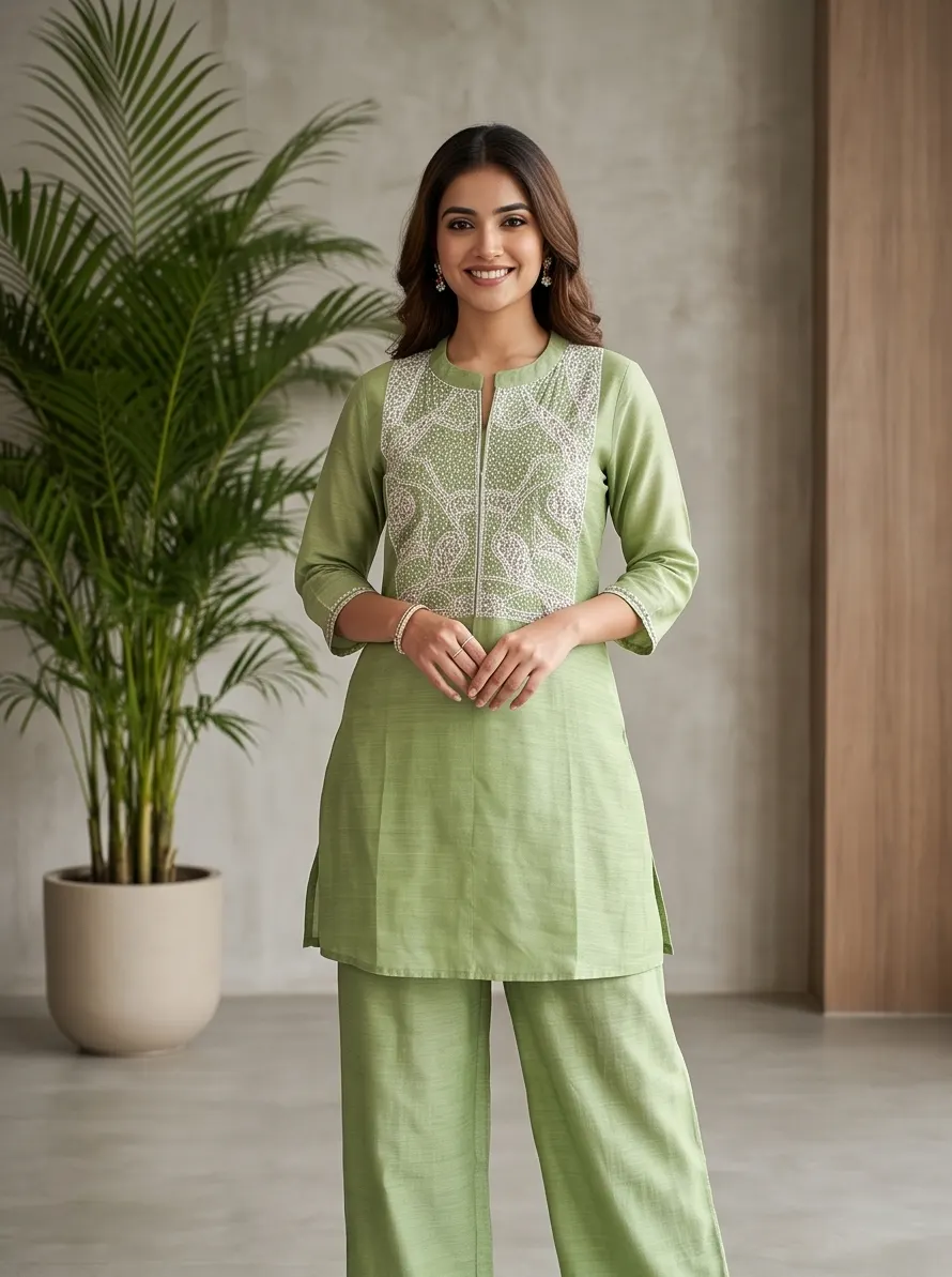 Pistachio Green Floral Thread Embroidered Silk Blend Tunic and Pant Co-ord Set