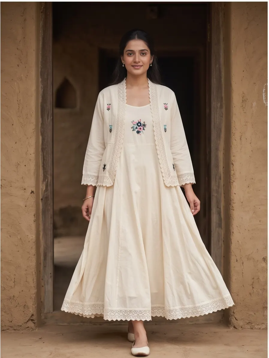 Off-White Floral Embroidered Cotton Flared Anarkali Kurta Dress and Crochet Trim Short Jacket Set