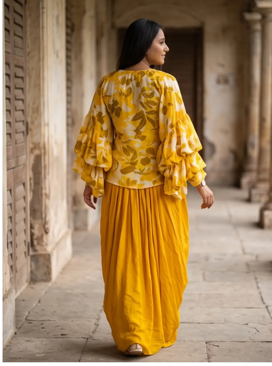 Mustard Yellow Floral Print Zari Embroidered Tiered Sleeve Top and Draped Dhoti Skirt Co-ord Set