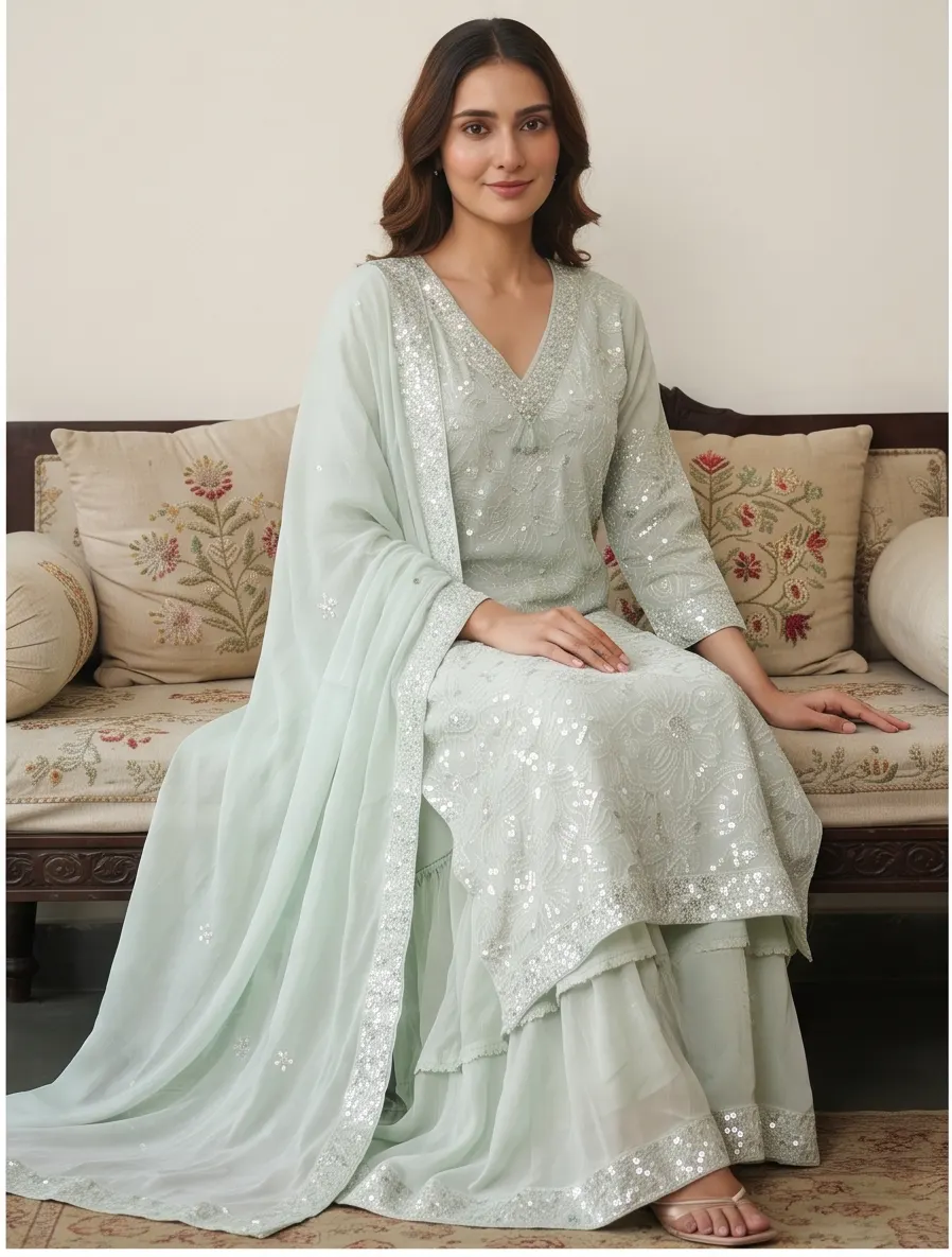 Mint Green Sequined Georgette V-Neck Straight Kurta and Flared Palazzo Set with Dupatta