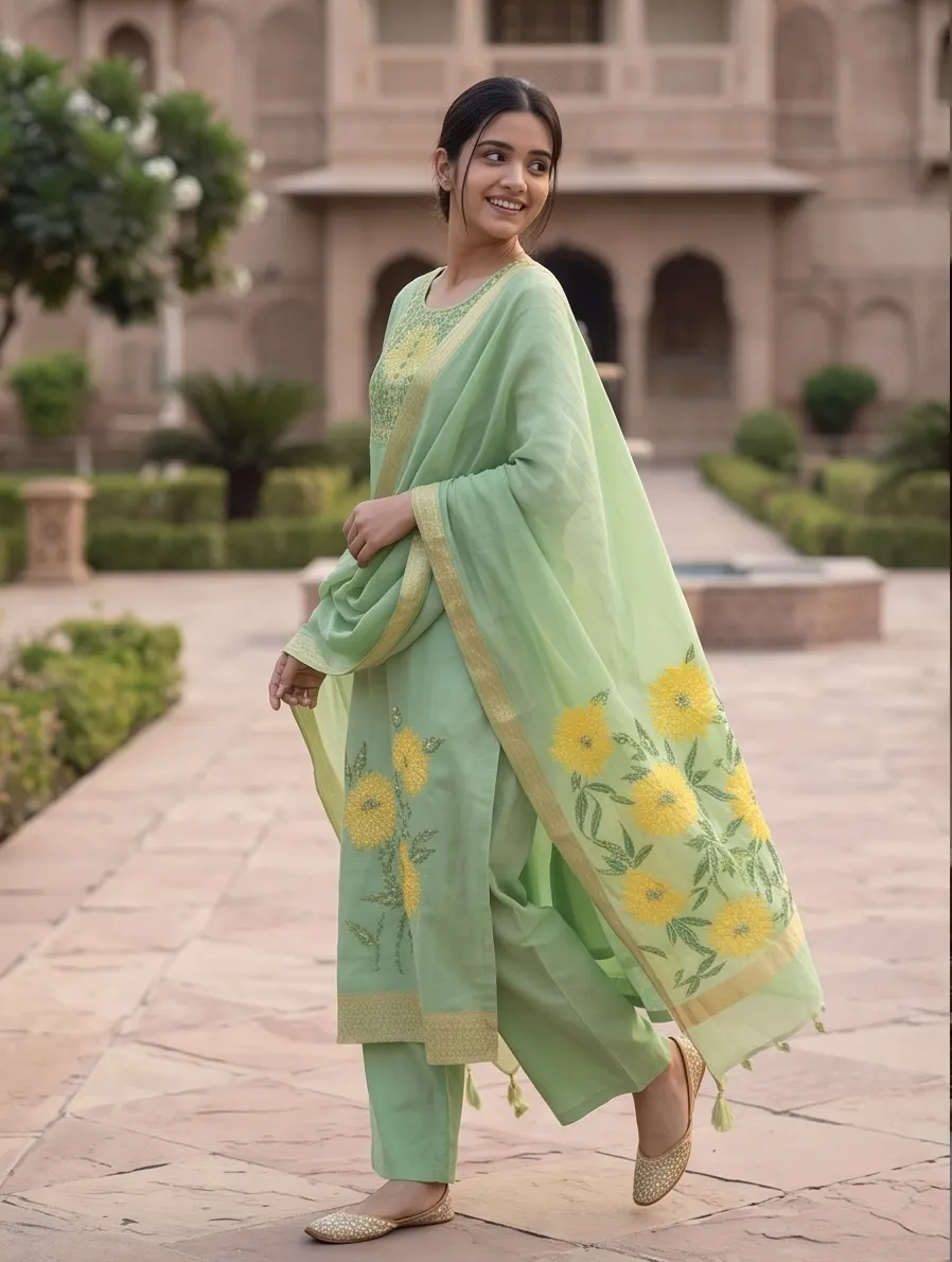 Mint Green Floral Embroidered Chanderi Silk Kurta Palazzo Set with Dupatta