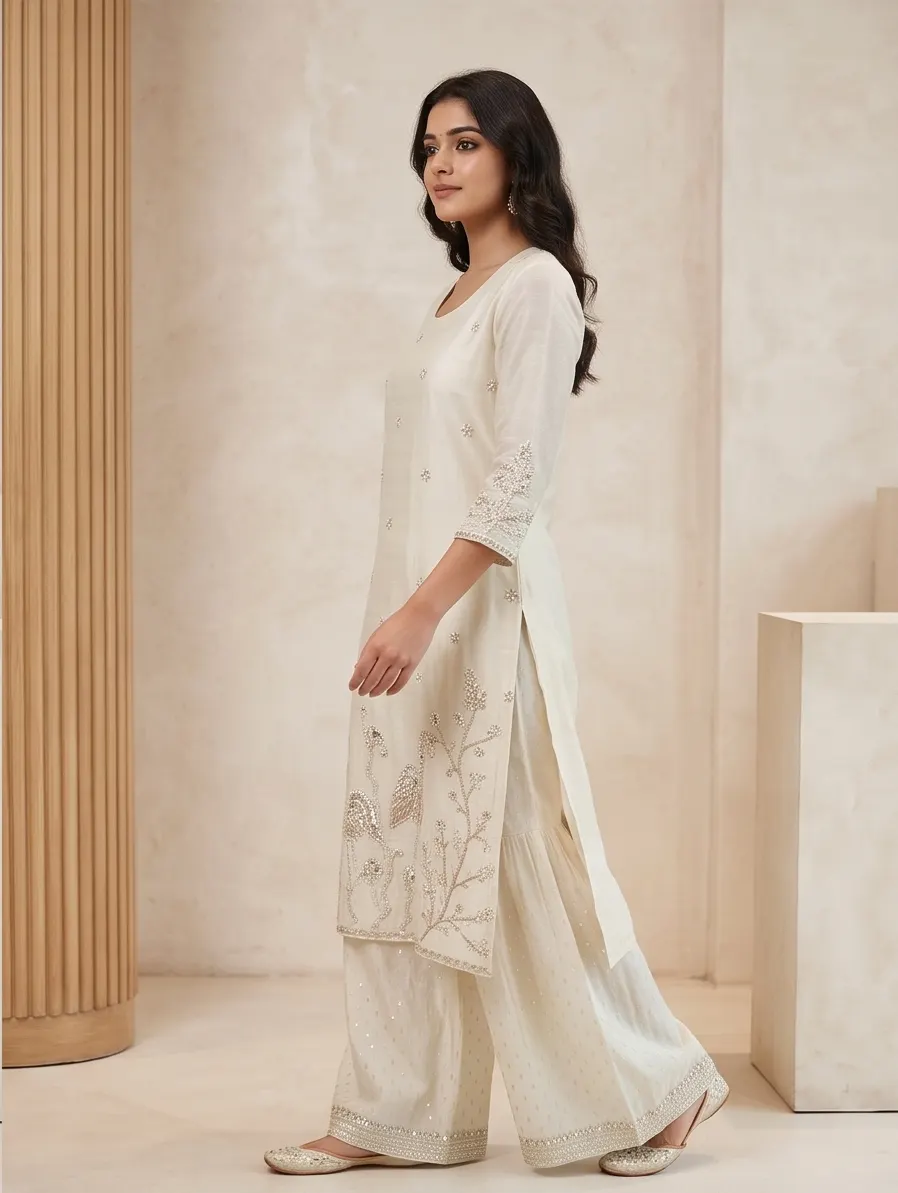 Off-White Bird and Floral Embroidered Silk Straight Kurta and Flared Sharara Set