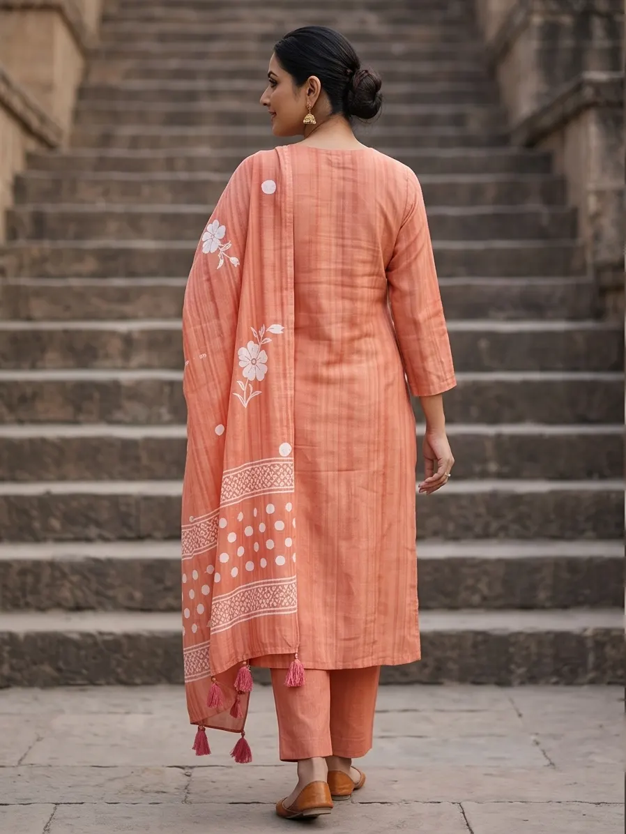 Peach Orange Floral Print Straight Kurta Pant Set with Tasselled Dupatta