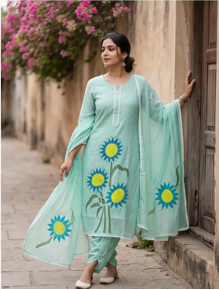 Mint Blue Sunflower Appliqué Embroidered Cotton Straight Kurta and Pleated Dhoti Pant Set with Dupatta