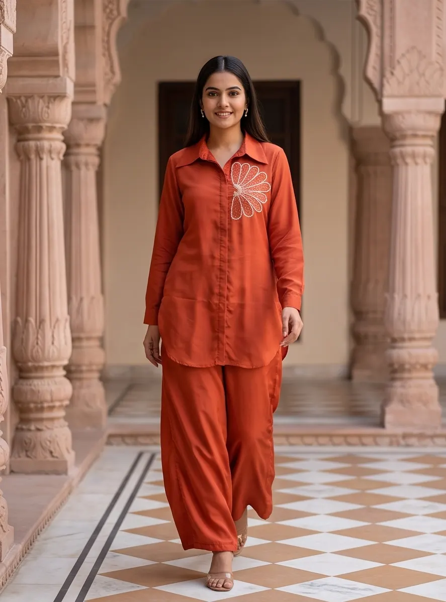 Rust Orange Floral Embroidered Silk Shirt Collar Tunic and Wide Leg Palazzo Co-ord Set