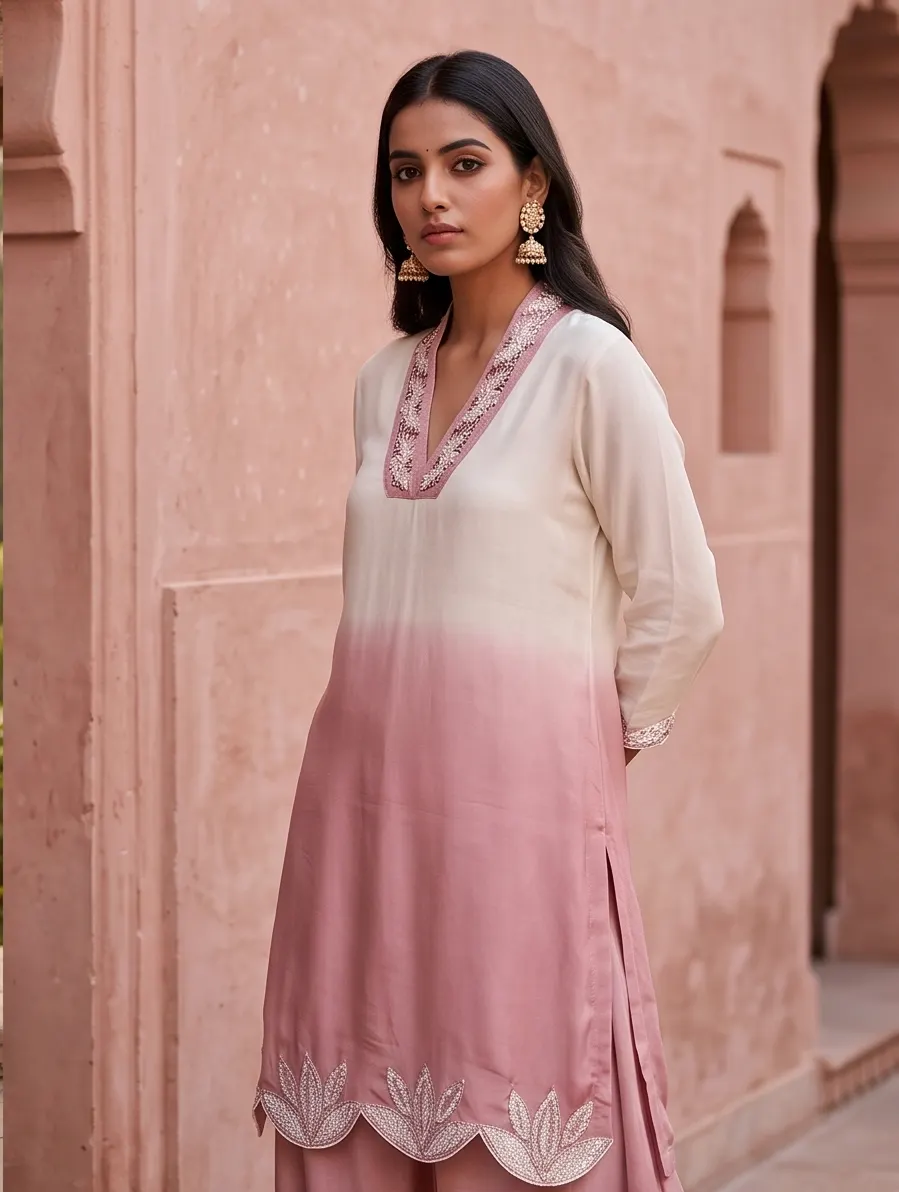 Dusty Pink and White Ombre Embroidered Silk Straight Kurta Palazzo Set