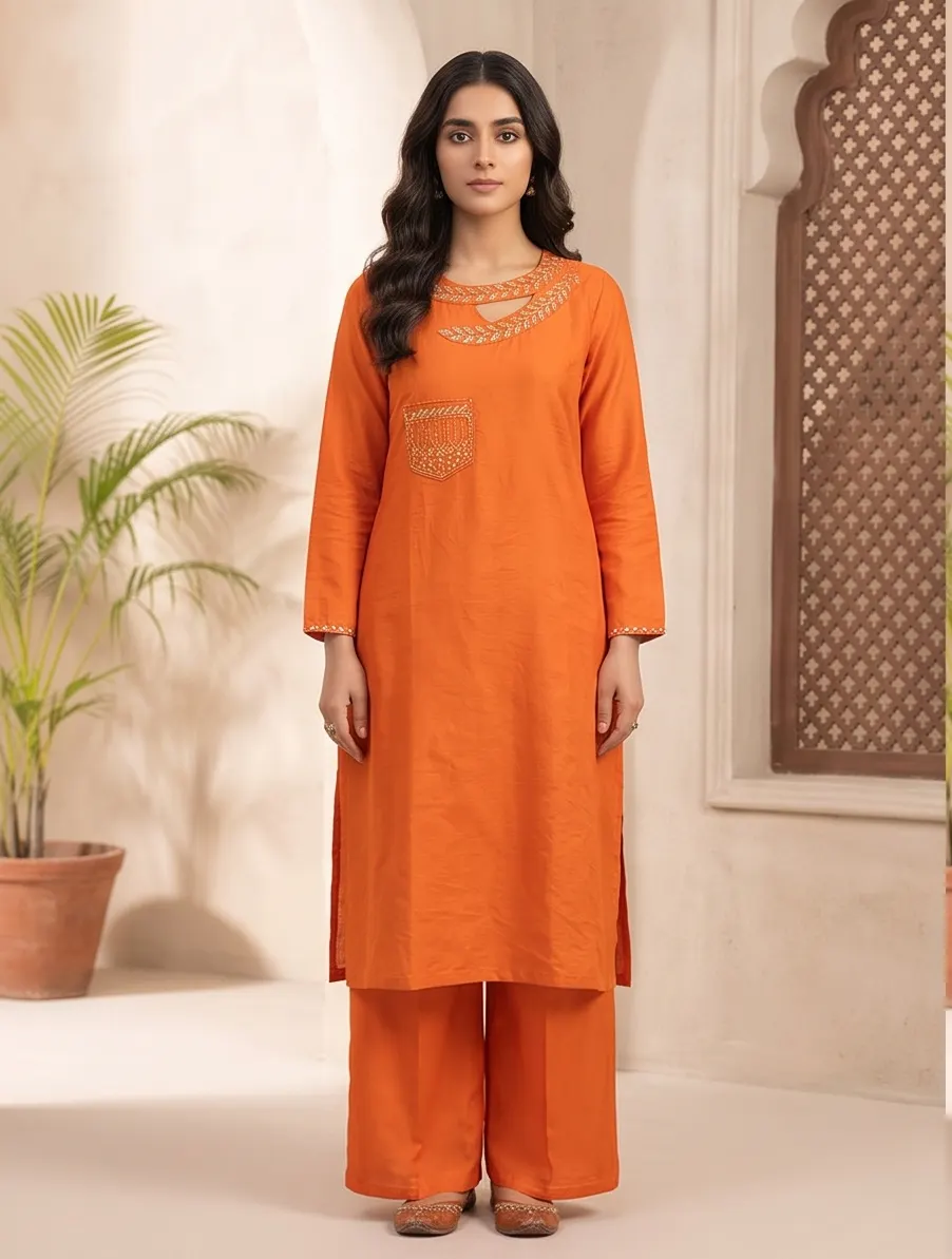 Rust Orange Cut-Out Neck Zari Embroidered Silk Straight Kurta and Palazzo Set