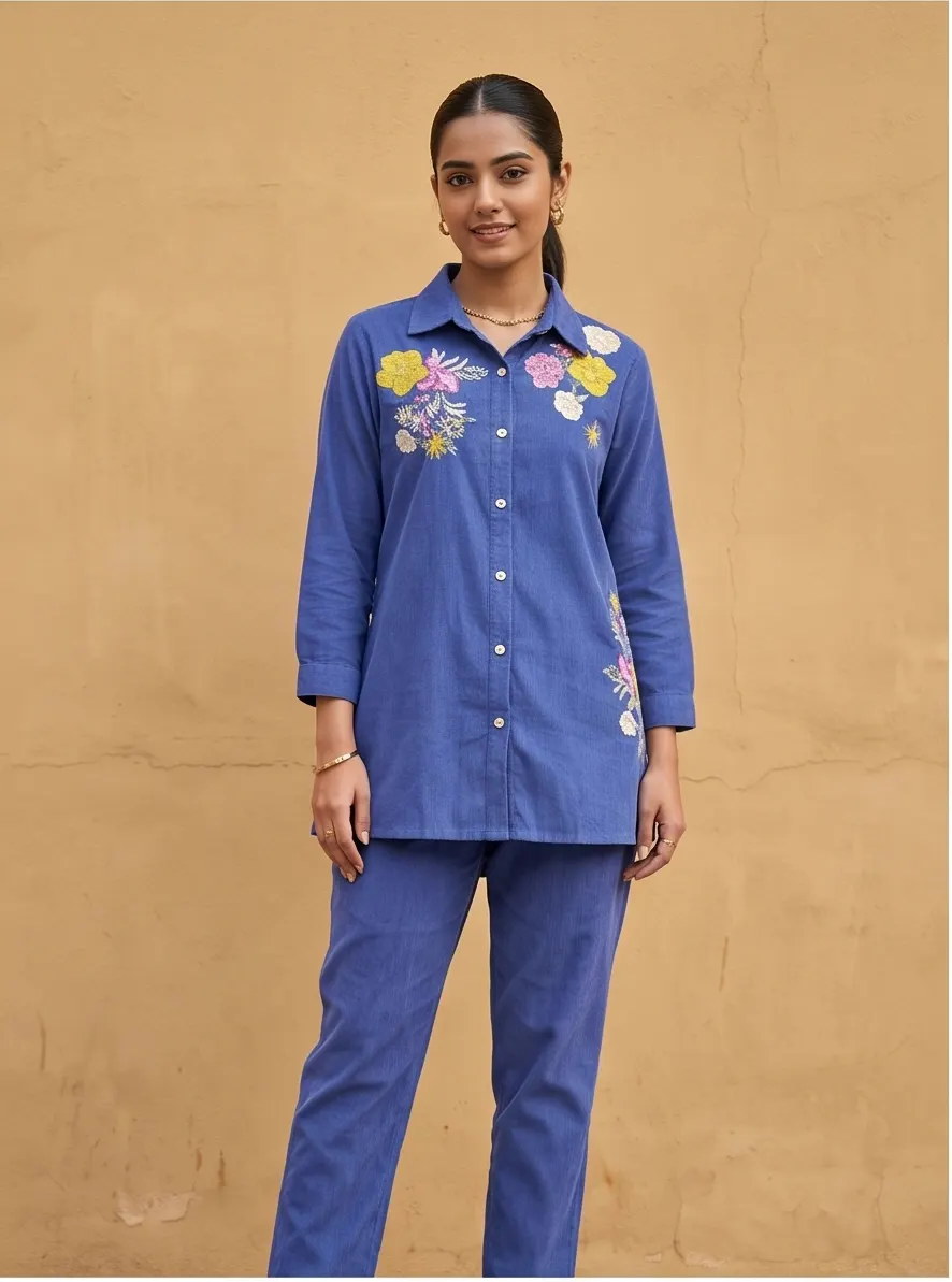 Royal Blue Floral Embroidered Cotton Shirt Collar Tunic and Pant Co-ord Set