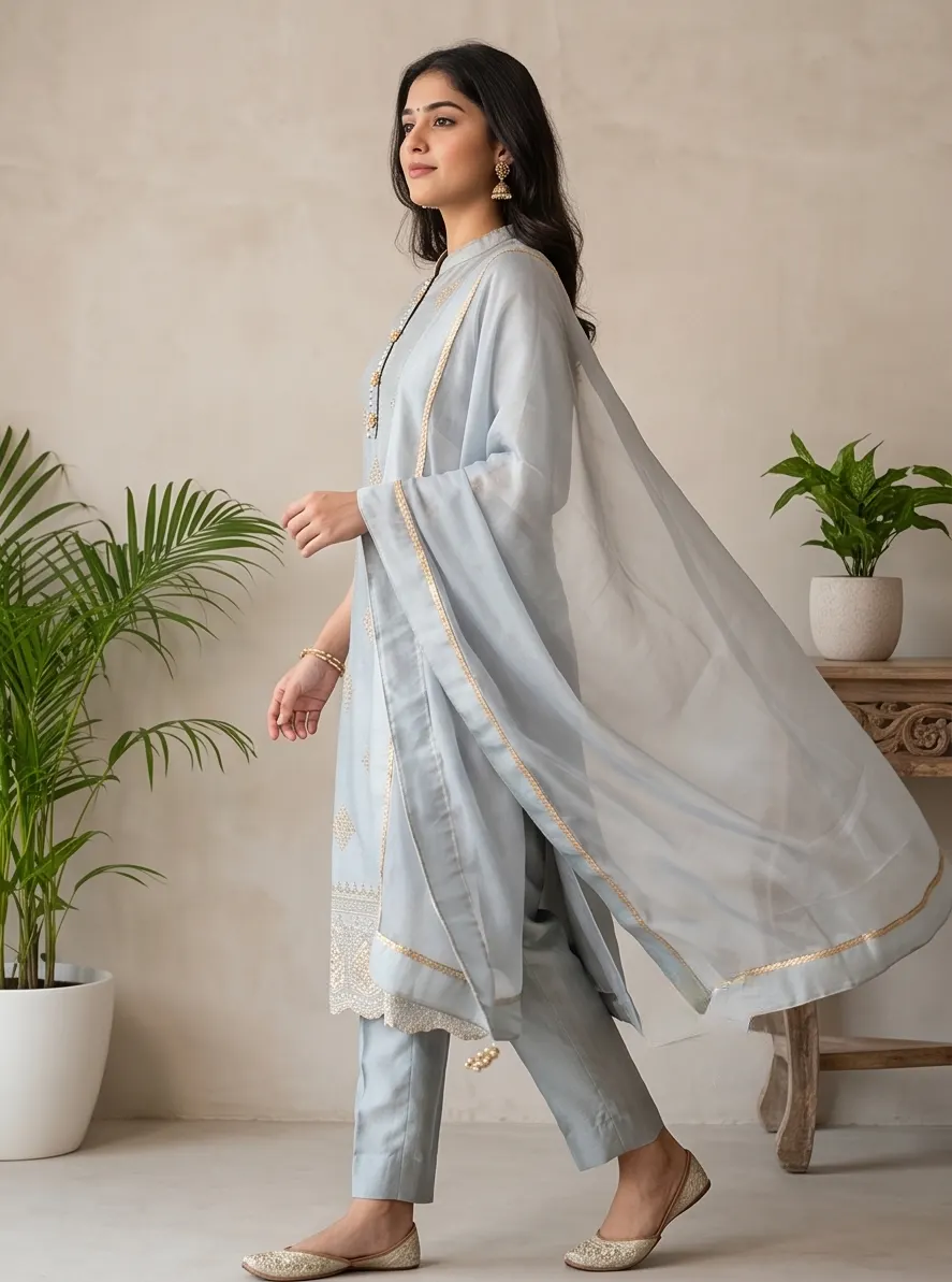 Ice Blue Zari Embroidered Chanderi Silk Straight Kurta Pant Set with Dupatta