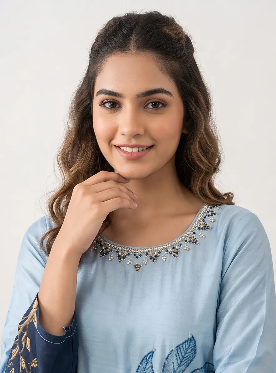 Powder Blue Botanical Print Hand Embroidered Silk Kurta Pant Set with Dupatta