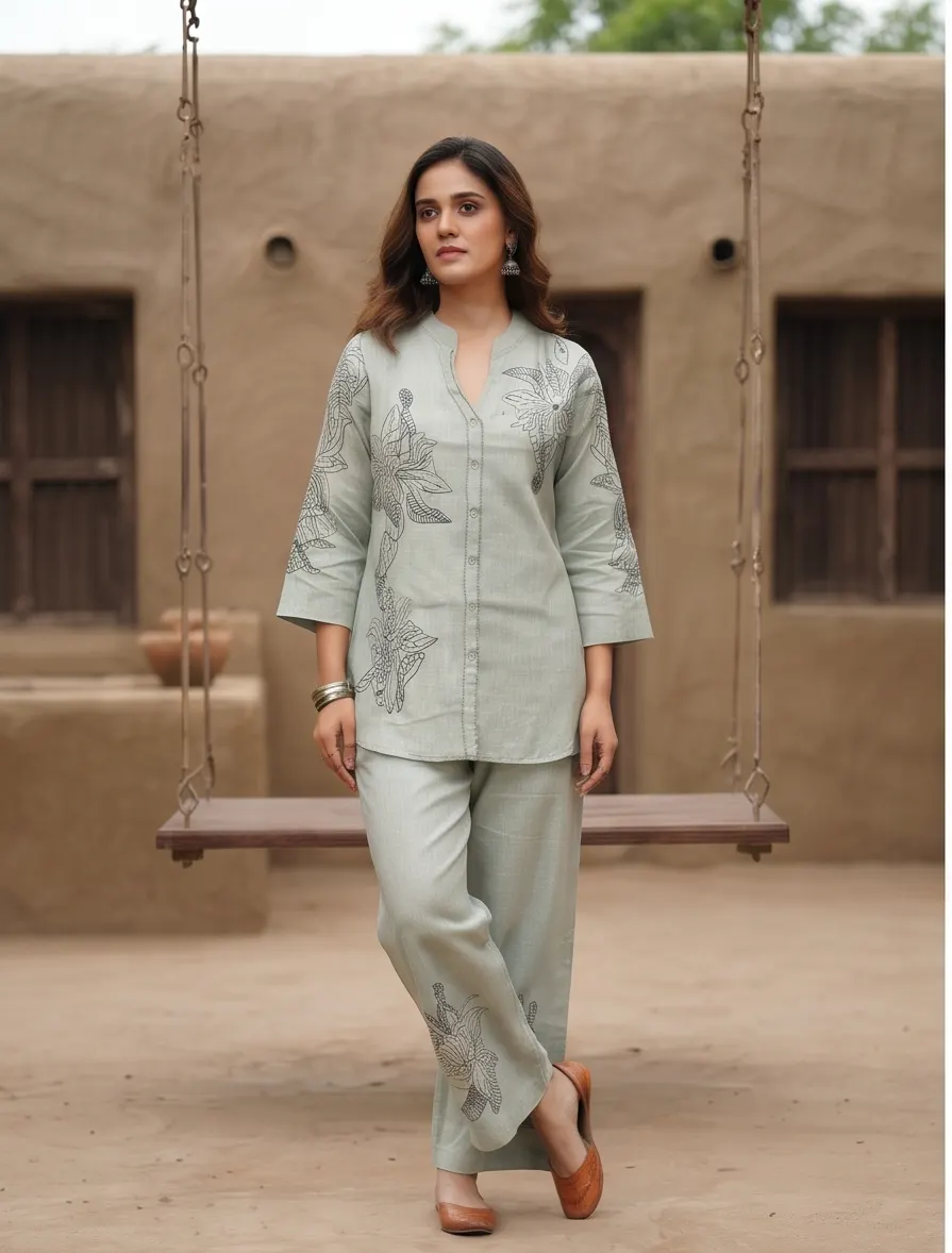 Teal Blue Floral Appliqué Zari Embroidered Chanderi Silk Straight Kurta Pant Set with Organza Dupatta