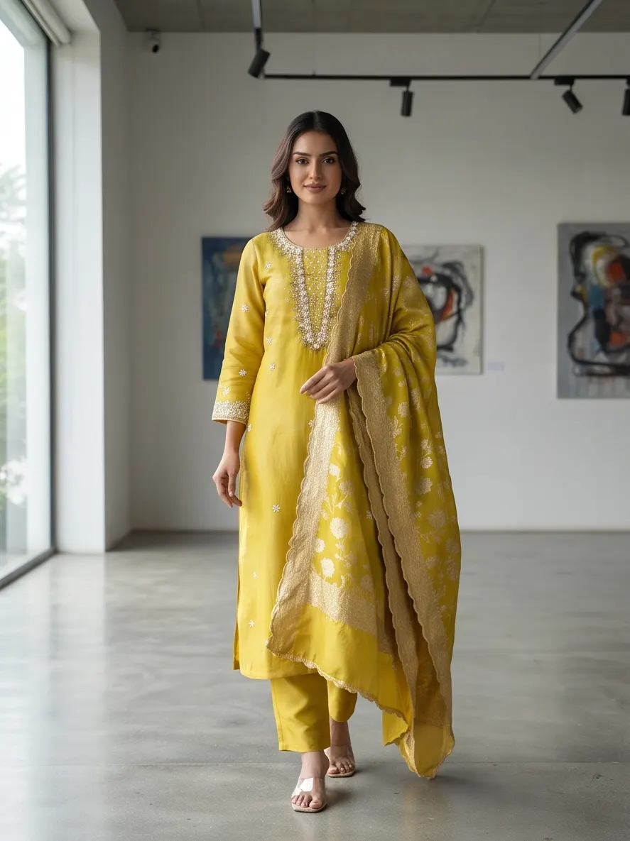Golden Yellow Zari and Sequin Embroidered Chanderi Silk Straight Kurta Pant Set with Heavy Zari Woven Dupatta