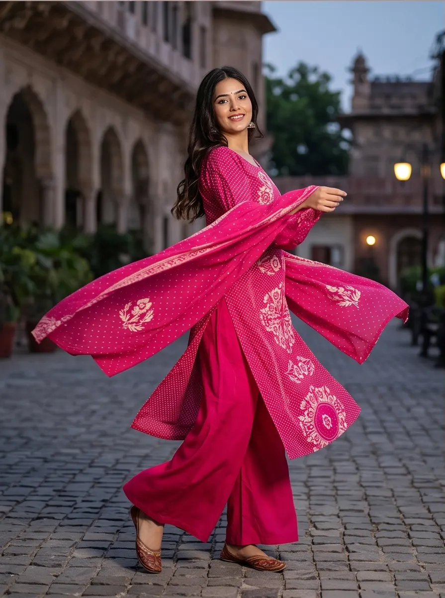 Rani Pink Bandhani Print Straight Kurta Palazzo Set with Dupatta