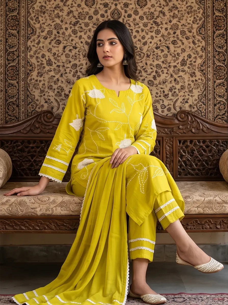 Yellow Floral Embroidered Pure Cotton Straight Kurta Pant Set with Lace Border Dupatta