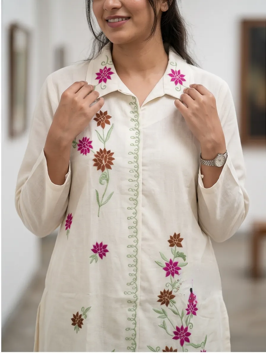 Off-White Multicolour Floral Embroidered Cotton Notch Collar Tunic and Pant Co-ord Set