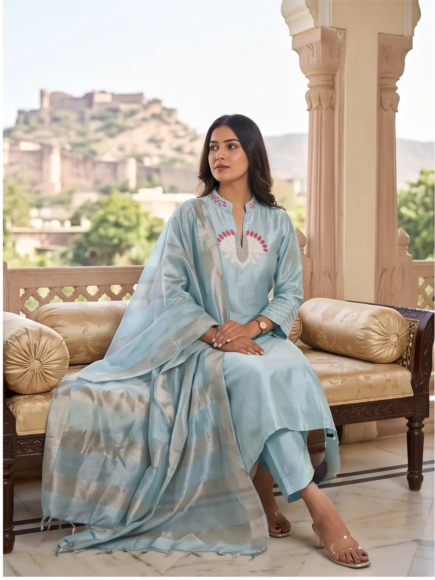 Ice Blue Embroidered Silk Straight Kurta and Pant Set