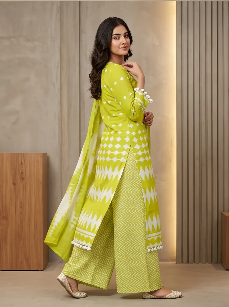 Lime Green Geometric Print Pure Cotton Straight Kurta Palazzo Set with Dupatta