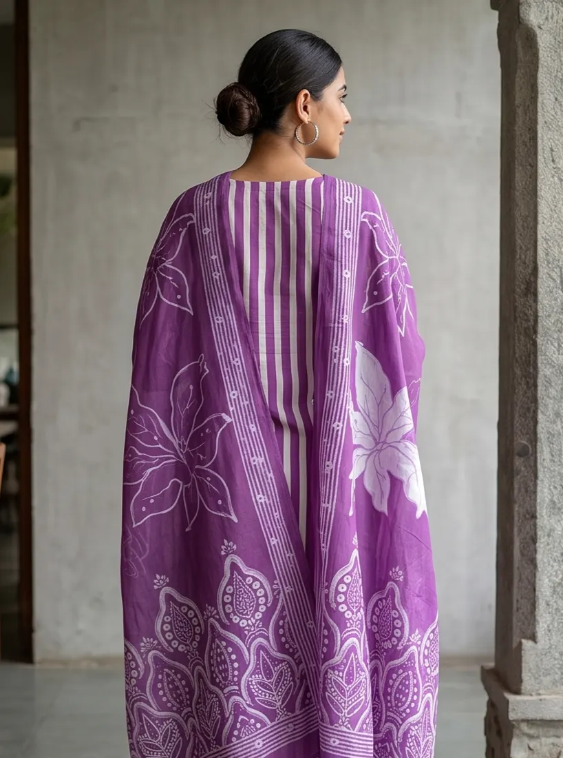 Purple Striped Floral Batik Print Cotton Straight Kurta Pant Set with Dupatta