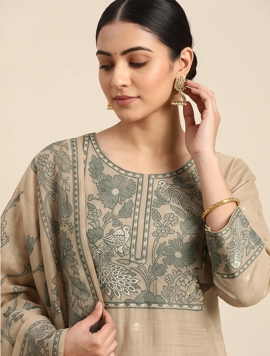 Beige Peacock and Floral Embroidered Chanderi Silk Straight Kurta Pant Set with Dupatta