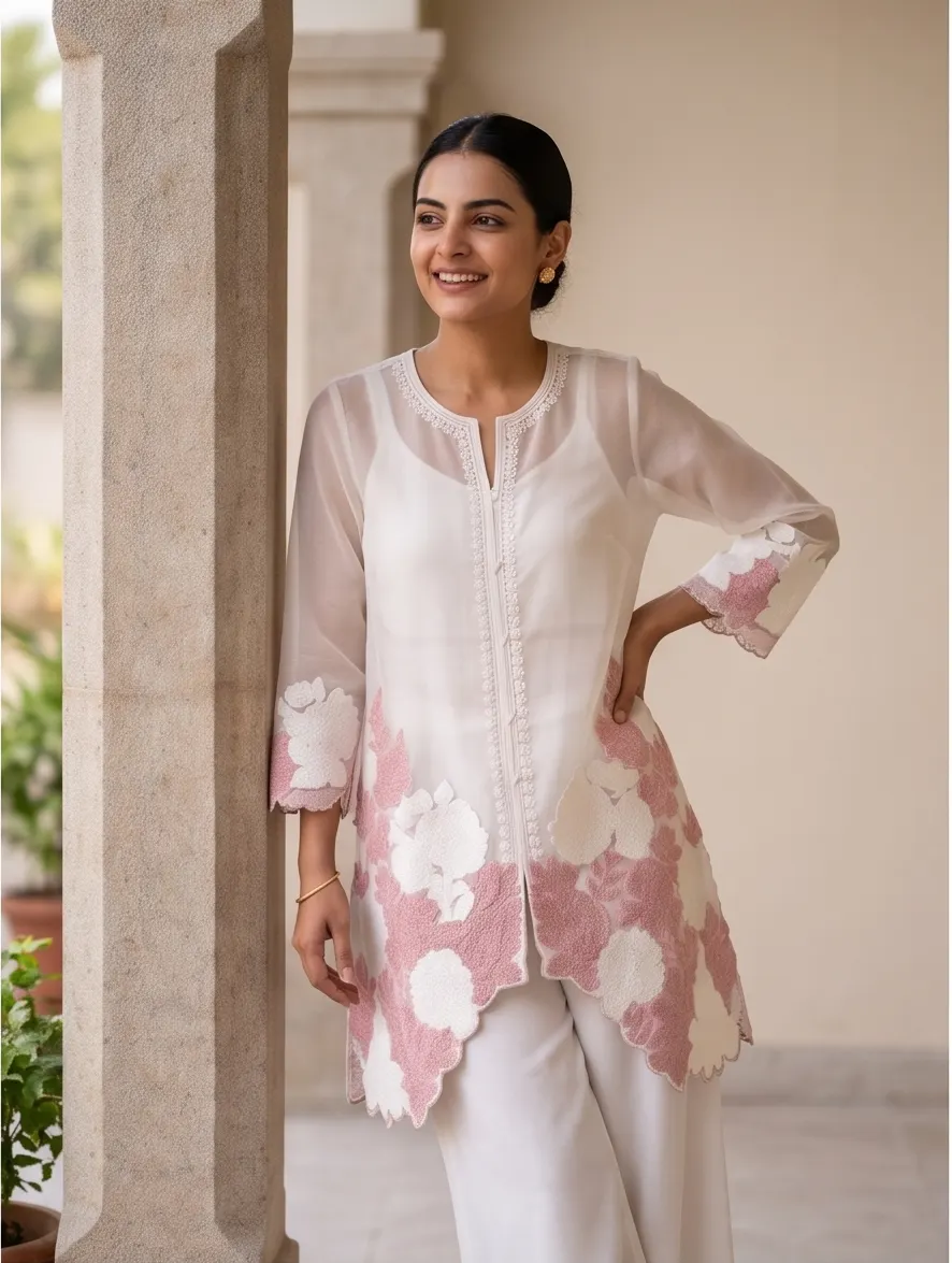 White and Dusty Pink Floral Appliqué Embroidered Sheer Tunic and Palazzo Co-ord Set with Inner Slip