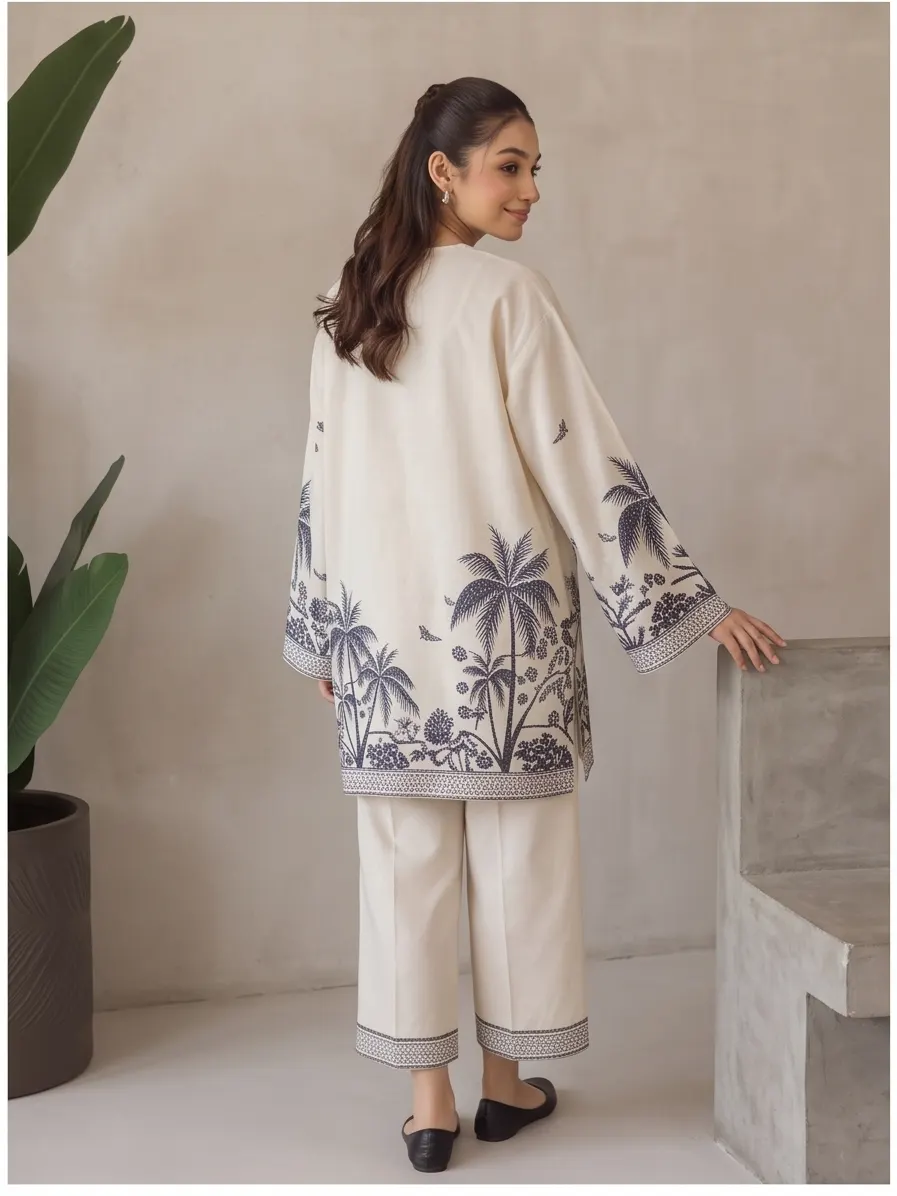 Cream Tropical Palm Tree Embroidered Cotton Straight Tunic and Pant Co-ord Set