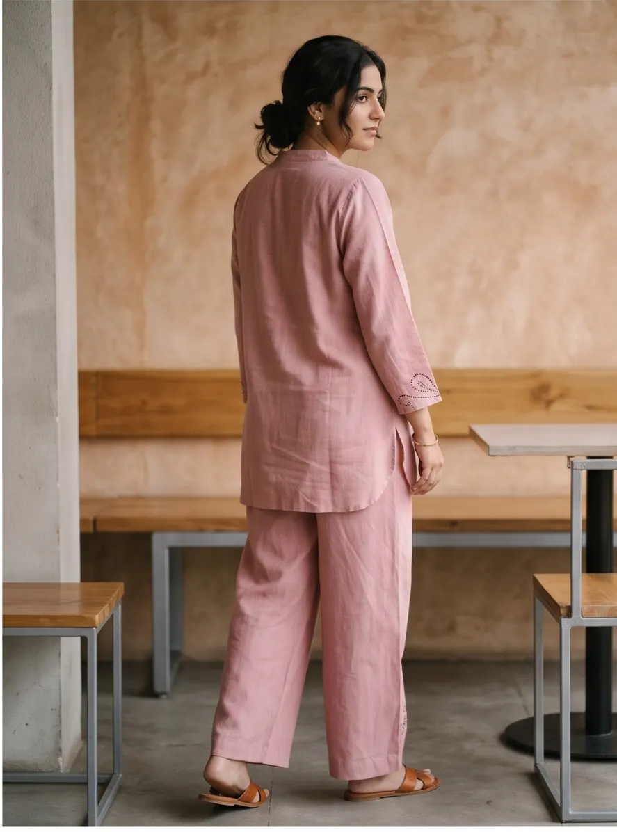 Dusty Pink Floral Kantha Embroidered Cotton Notch Collar Tunic and Pant Co-ord Set
